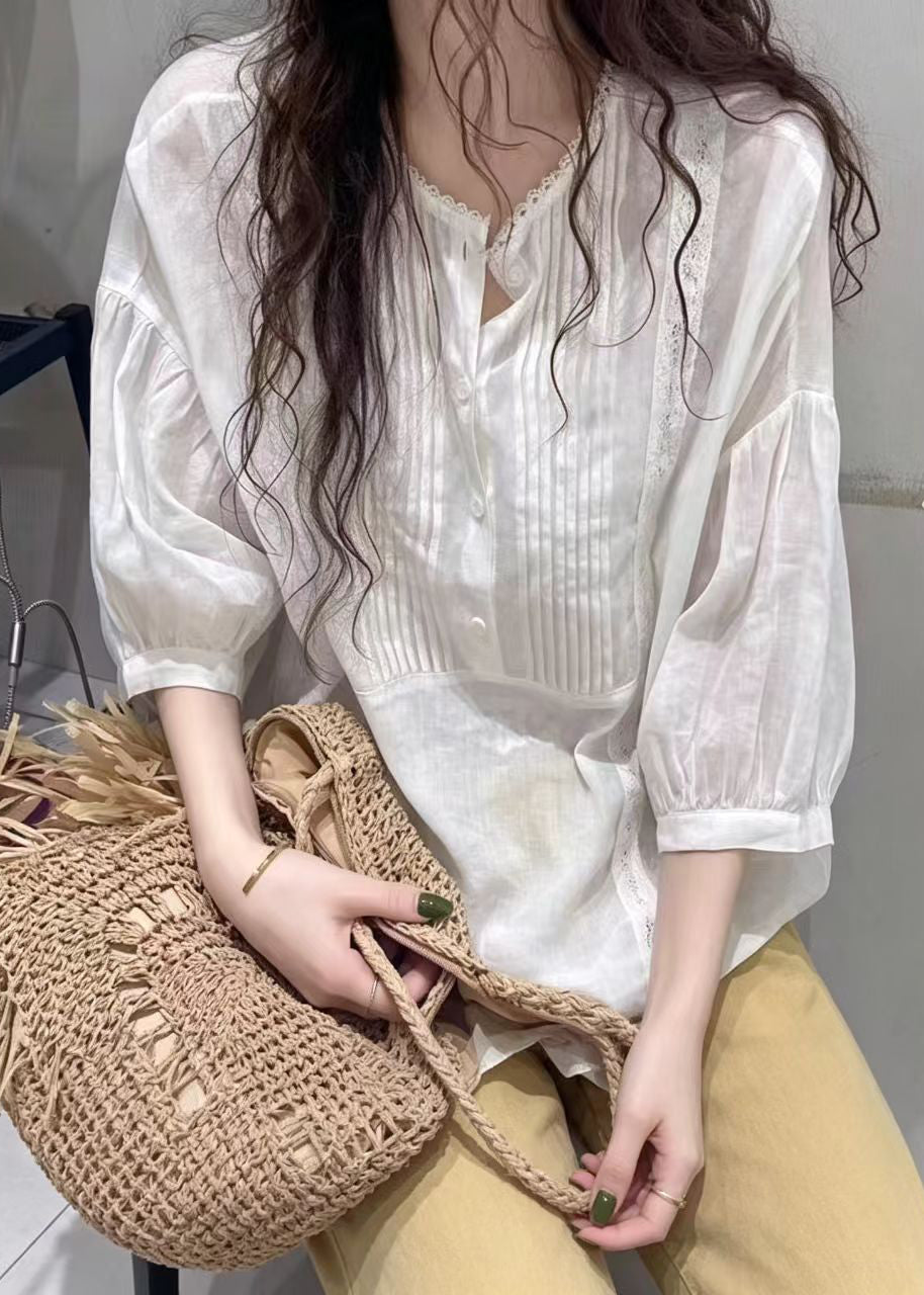 Beautiful White Wrinkled Cotton Blouse Tops Half sleeve