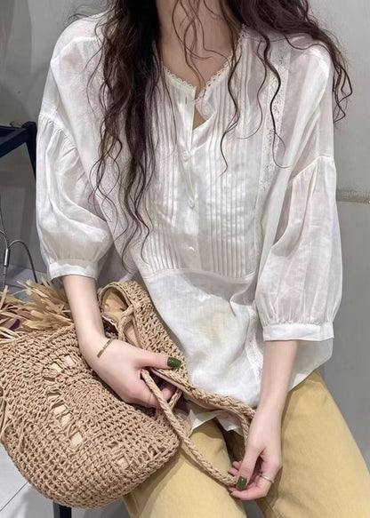Beautiful White Wrinkled Cotton Blouse Tops Half sleeve