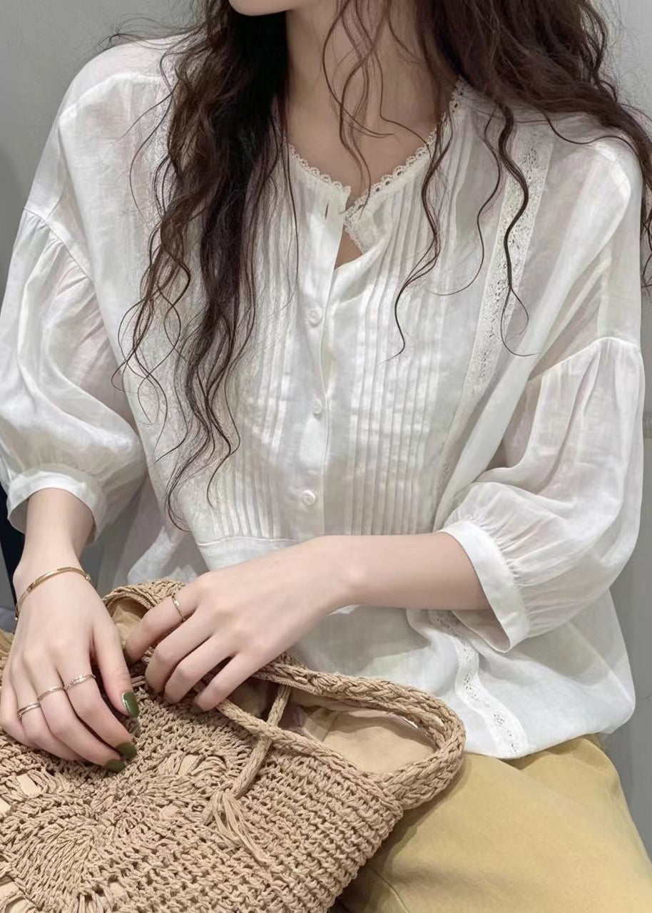 Beautiful White Wrinkled Cotton Blouse Tops Half sleeve