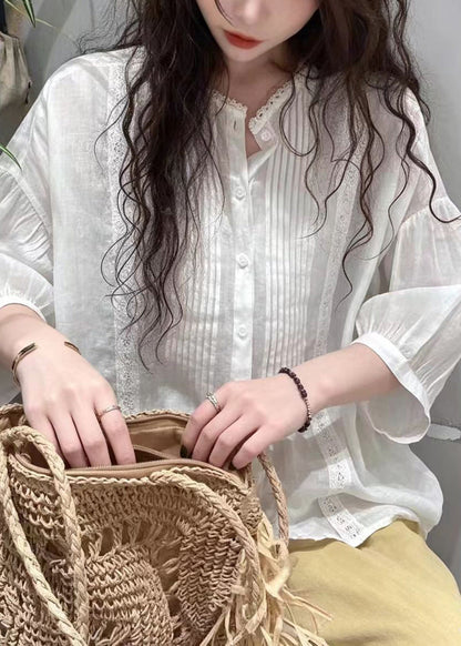 Beautiful White Wrinkled Cotton Blouse Tops Half sleeve