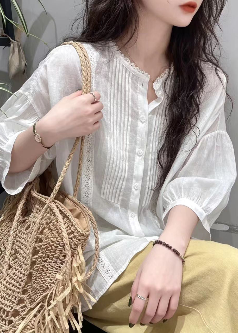 Beautiful White Wrinkled Cotton Blouse Tops Half sleeve