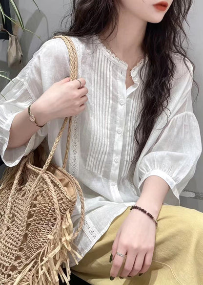 Beautiful White Wrinkled Cotton Blouse Tops Half sleeve