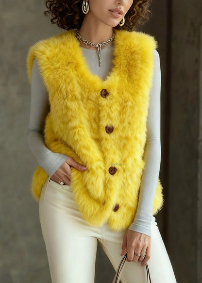 Beautiful Yellow Button Faux Fur Vest Tops Sleeveless