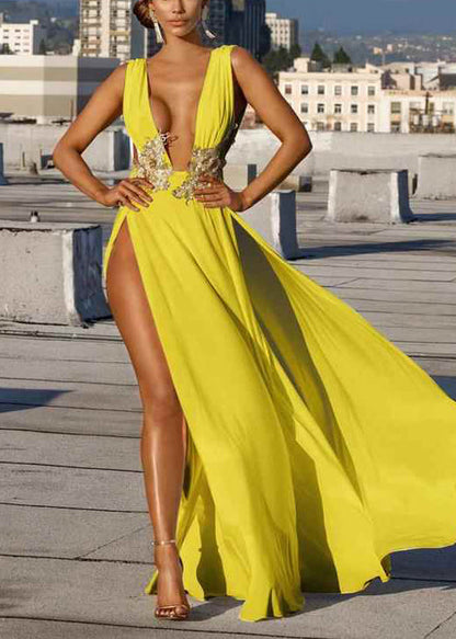Beautiful Yellow Deep-V Neck Side Open Party Dresses Summer