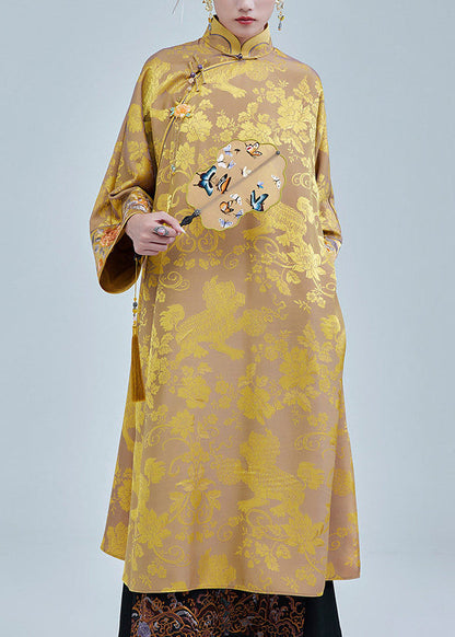 Beautiful Yellow Embroidered Jacquard Silk Long Dress Fall