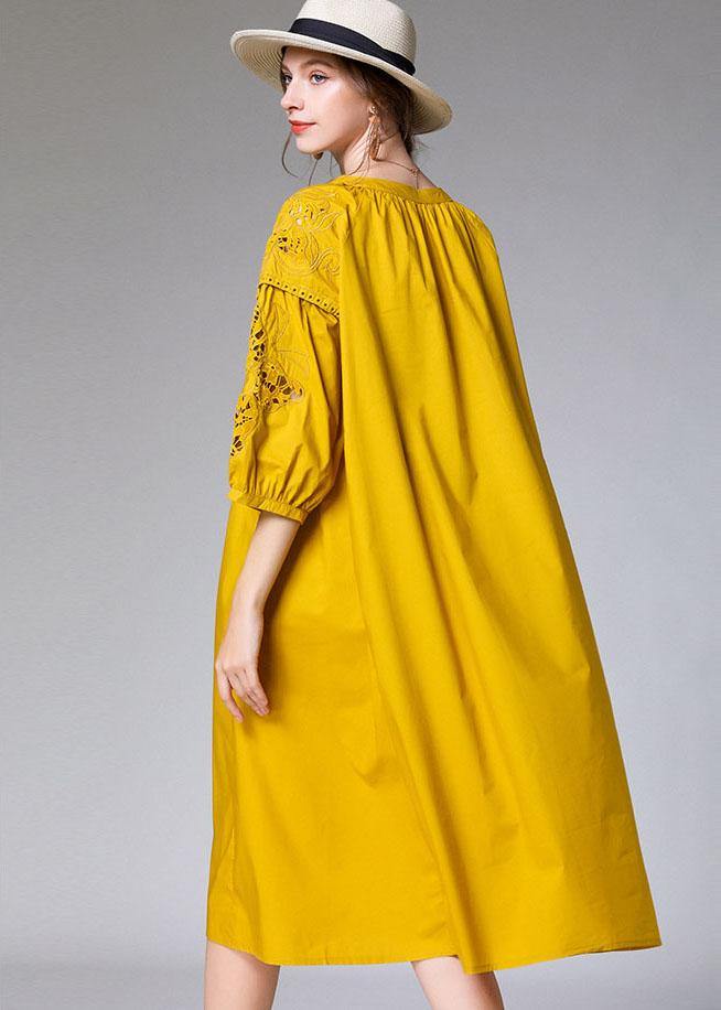 Beautiful Yellow Hollow Out Embroideried Spring Three Quarter Sleeve Mid Dress - SooLinen