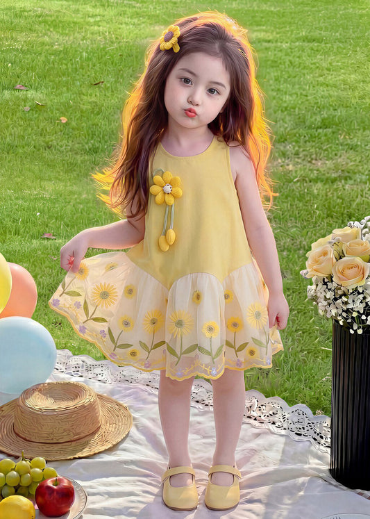 Beautiful Yellow O-Neck Tulle Patchwork Sunflower Kids Long Dress Summer