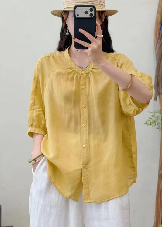 Beautiful Yellow O-Neck Wrinkled Linen Blouse Top Summer