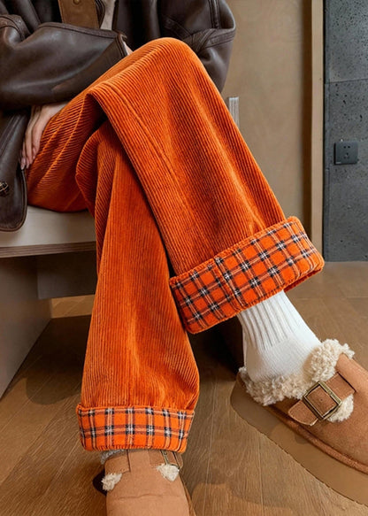 Wunderschöne gelbe Cordhose mit Patchwork-Taschen und weitem Bein für den Frühling