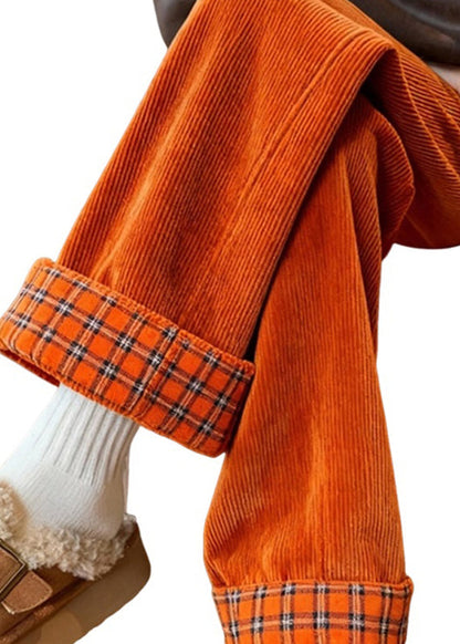 Wunderschöne gelbe Cordhose mit Patchwork-Taschen und weitem Bein für den Frühling