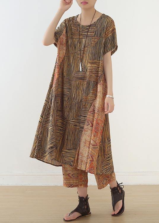 Beautiful Yellow Print Patchwork Summer Linen Two Pieces Set - SooLinen