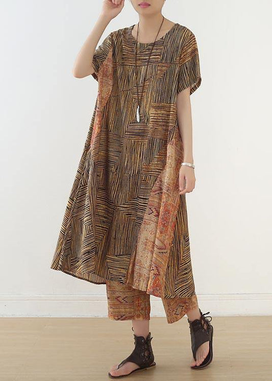 Beautiful Yellow Print Patchwork Summer Linen Two Pieces Set - SooLinen