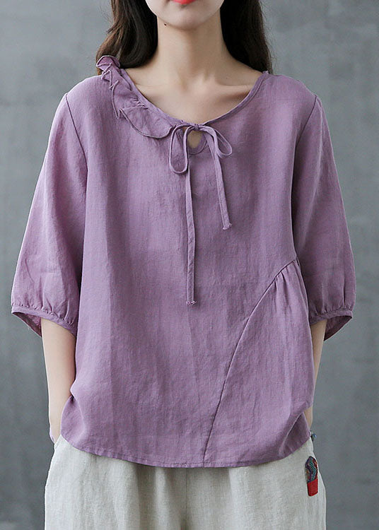 Schönes gelbes Rüschen Patchwork Leinenhemd Halbarm