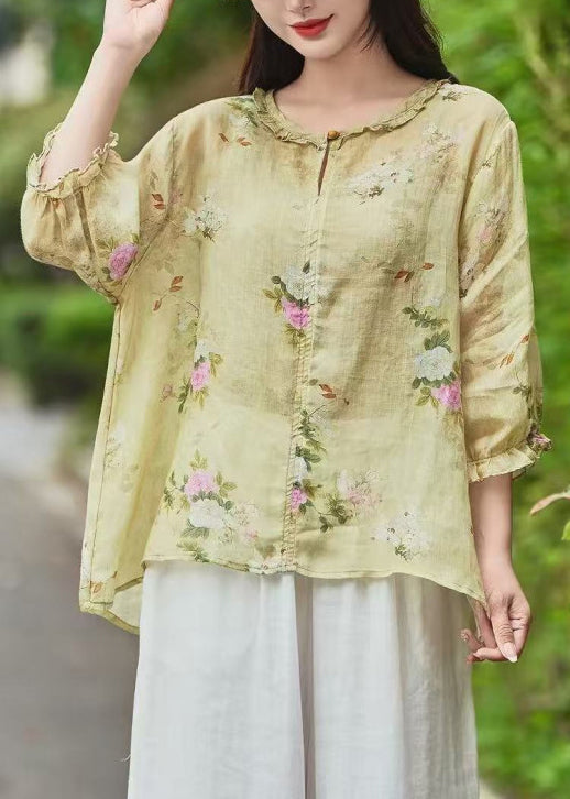 Beautiful Yellow Ruffled Print Linen Blouse Bracelet Sleeve