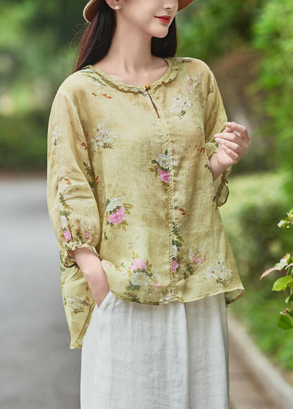 Beautiful Yellow Ruffled Print Linen Blouse Bracelet Sleeve