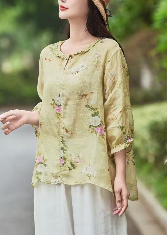 Beautiful Yellow Ruffled Print Linen Blouse Bracelet Sleeve