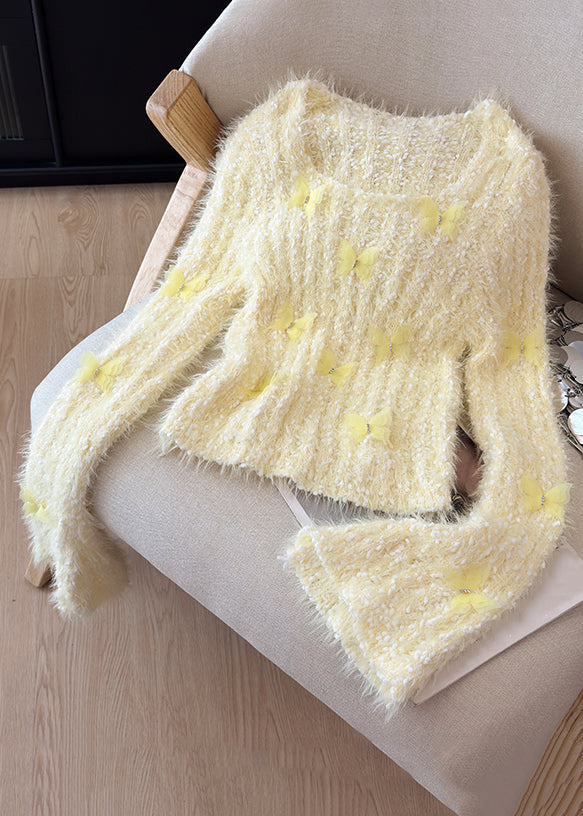 Beautiful Yellow Square Collar Butterfly Knit Sweaters Winter