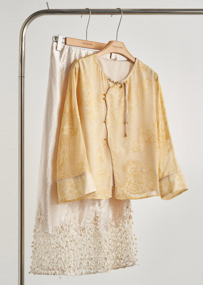 Beautiful Yellow Tasseled Print Silk Coats Fall