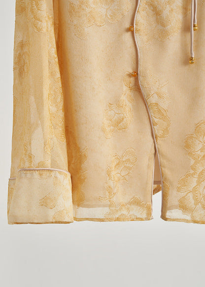 Beautiful Yellow Tasseled Print Silk Coats Fall