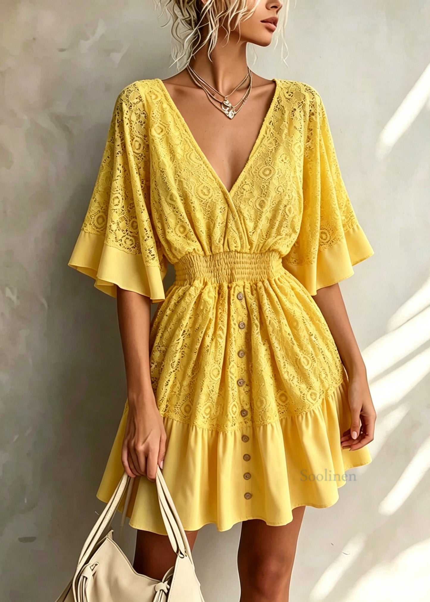 Beautiful Yellow V Neck Patchwork Lace Dresses Flare Sleeve