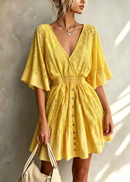 Beautiful Yellow V Neck Patchwork Lace Dresses Flare Sleeve