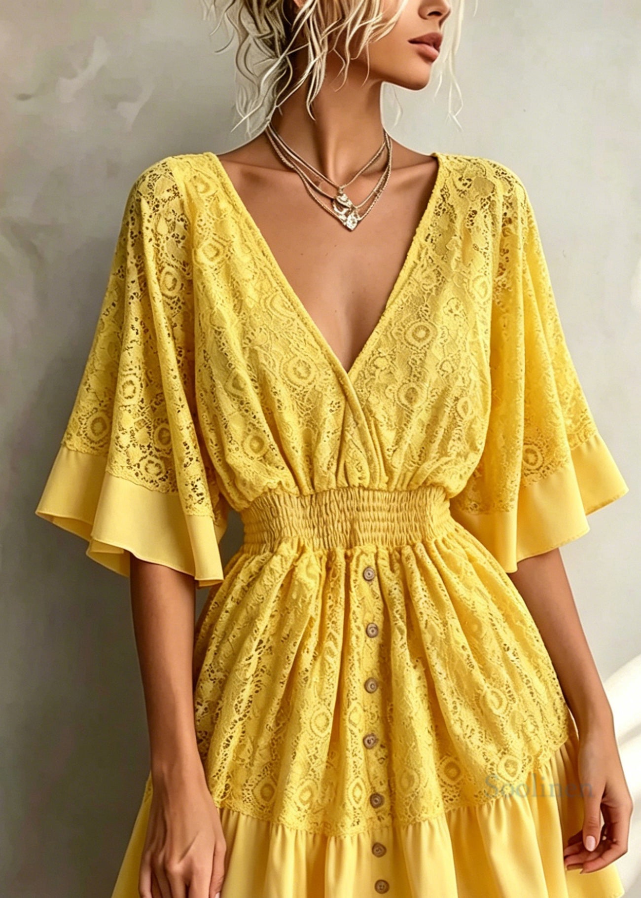 Beautiful Yellow V Neck Patchwork Lace Dresses Flare Sleeve