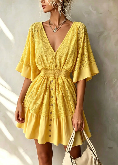 Beautiful Yellow V Neck Patchwork Lace Dresses Flare Sleeve