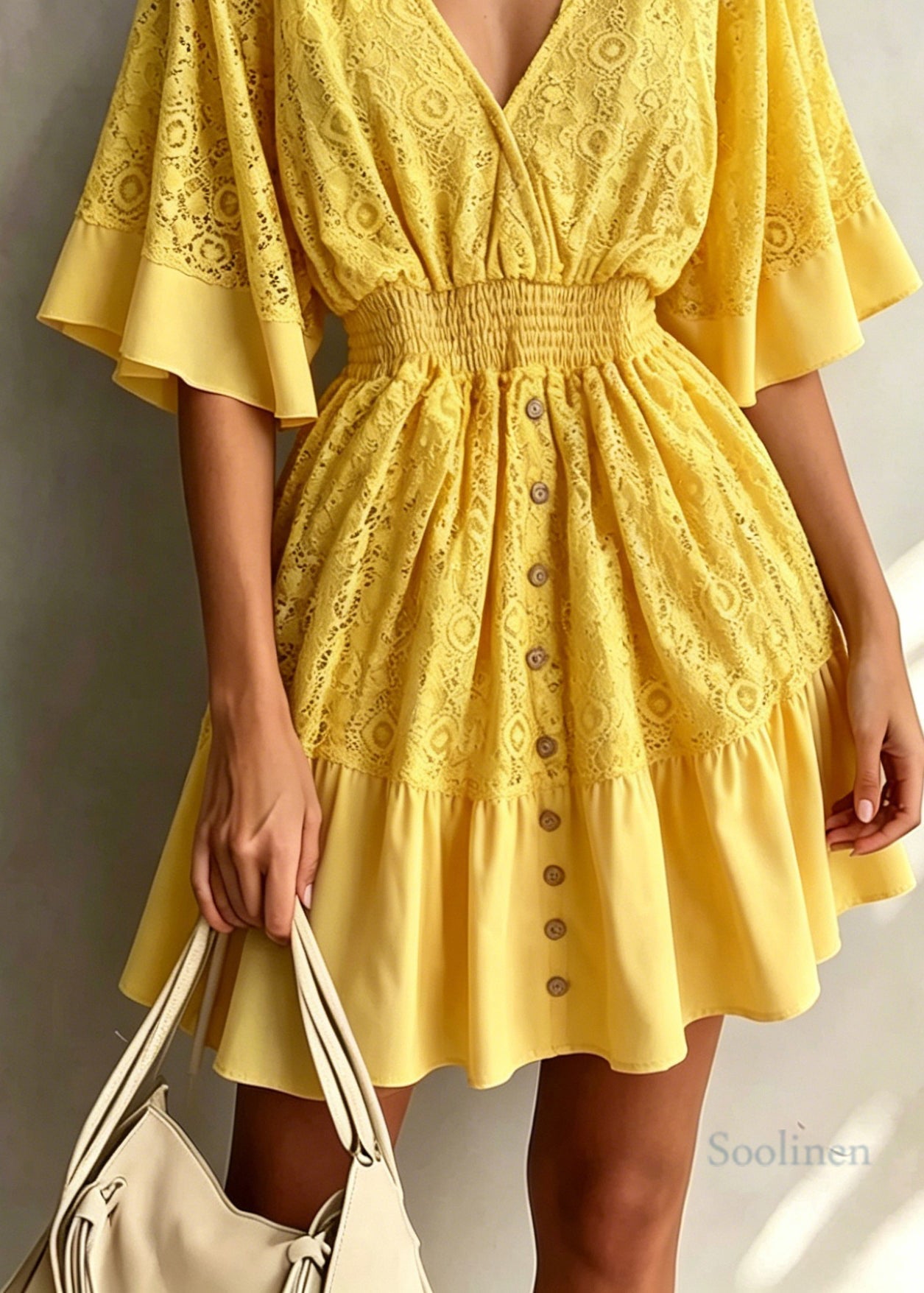 Beautiful Yellow V Neck Patchwork Lace Dresses Flare Sleeve