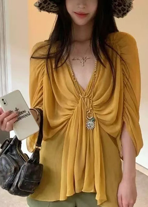 Beautiful Yellow V Neck Wrinkled Shirt Batwing Sleeve
