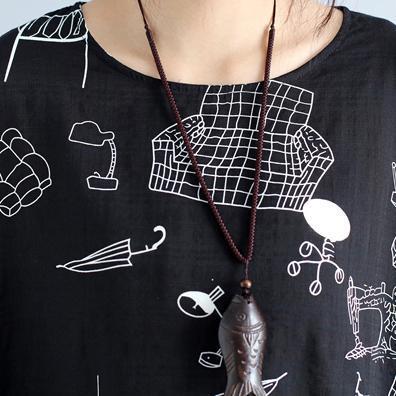 Schöne weite Baumwoll-Steppkleider Boho Nähen schwarzer Druck Robenkleider