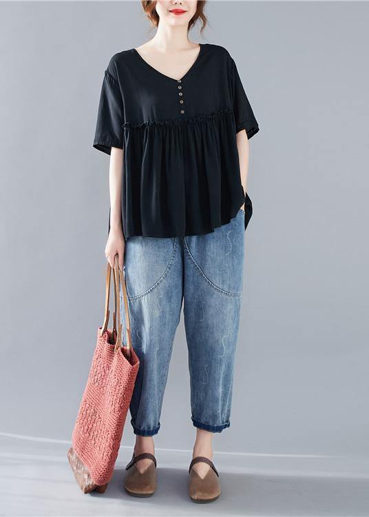 Beautiful black Blouse v neck Cinched Dresses blouse - SooLinen