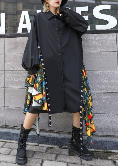 Beautiful black Cotton dress side patchwork Plus Size fall shirt Dress - SooLinen