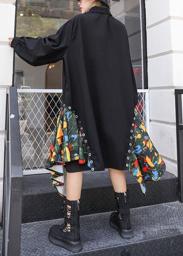 Beautiful black Cotton dress side patchwork Plus Size fall shirt Dress - SooLinen