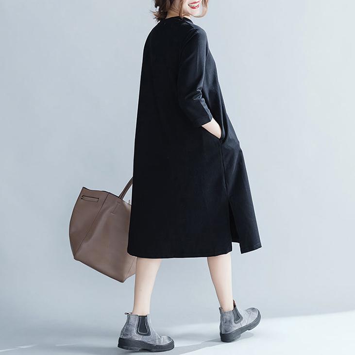 Schöne schwarze Baumwolltunika für Frauen in Übergröße, Fotografietaschen, Kunstkleid