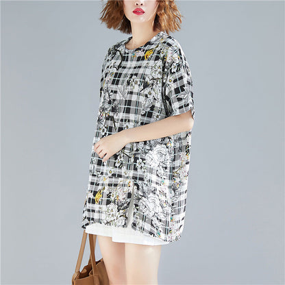 Schöne schwarze karierte Leinen-Baumwolle Long Shirts Bio Nähen O-Ausschnitt Print Baggy Shirts