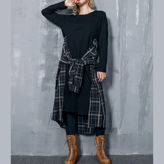 Wunderschönes schwarzes Baumwoll-Outfit Plus Size Fabrics Patchwork Kaftan Frühlingskleid