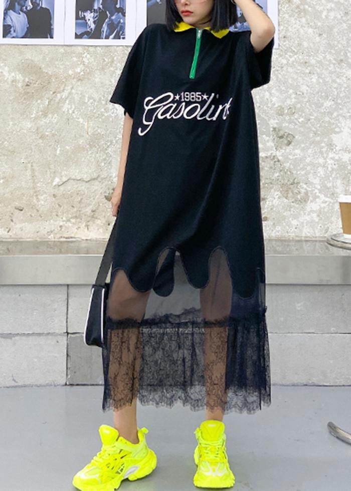 Beautiful black embroidery cotton clothes lapel patchwork tulle Traveling Dresses - SooLinen