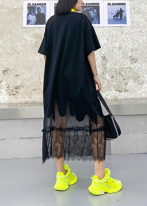 Beautiful black embroidery cotton clothes lapel patchwork tulle Traveling Dresses - SooLinen