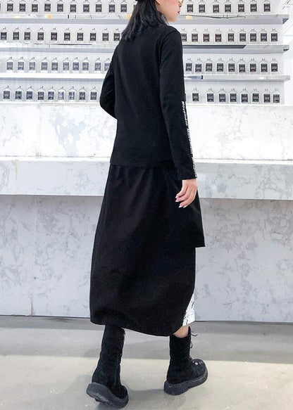 Beautiful black print Cotton skirt pockets short Dress - SooLinen