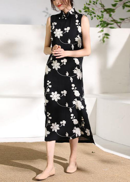 Beautiful black print cotton clothes stand collar side open cotton robes Dresses - SooLinen