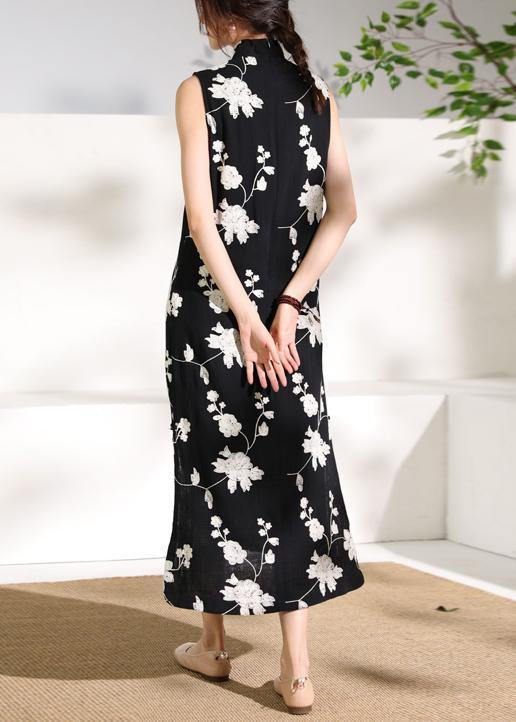 Beautiful black print cotton clothes stand collar side open cotton robes Dresses - SooLinen