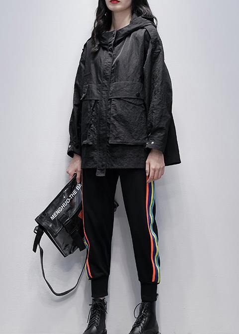 Beautiful black  clothes Work Outfits hooded zippered coat - SooLinen