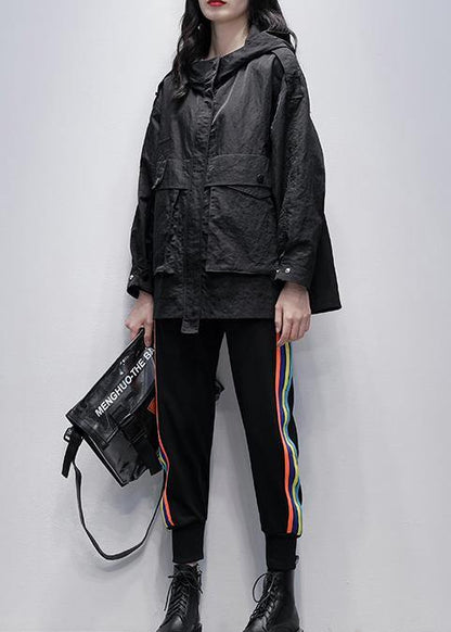 Beautiful black  clothes Work Outfits hooded zippered coat - SooLinen