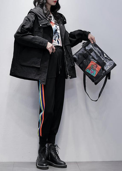 Beautiful black  clothes Work Outfits hooded zippered coat - SooLinen