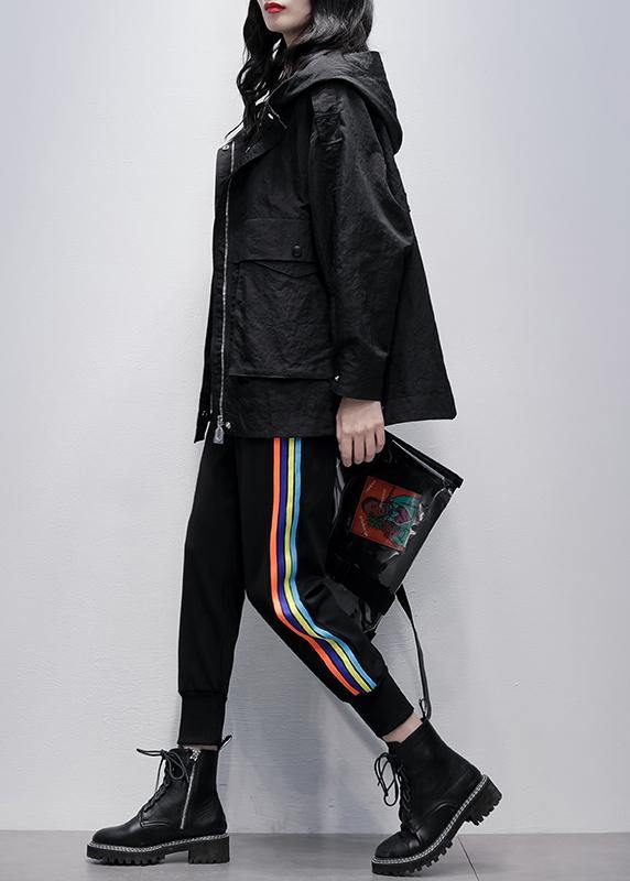 Beautiful black  clothes Work Outfits hooded zippered coat - SooLinen