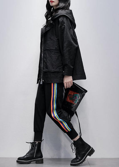 Beautiful black  clothes Work Outfits hooded zippered coat - SooLinen