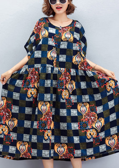 Wunderschönes blaues kariertes Baumwollkleid aus Vintage-Stoffen mit Rundhalsausschnitt und großem Saum, Sommerkleid aus Baumwolle