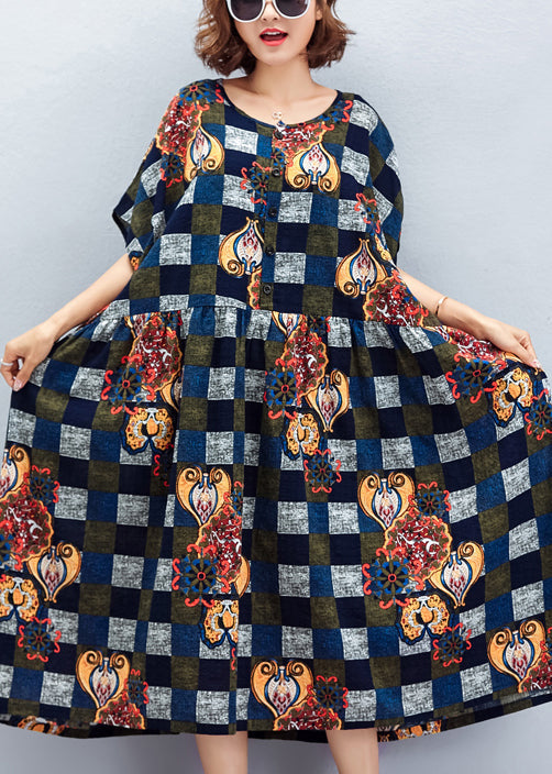 Wunderschönes blaues kariertes Baumwollkleid aus Vintage-Stoffen mit Rundhalsausschnitt und großem Saum, Sommerkleid aus Baumwolle