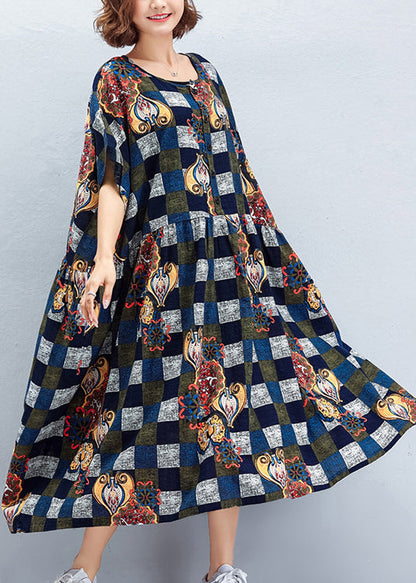 Wunderschönes blaues kariertes Baumwollkleid aus Vintage-Stoffen mit Rundhalsausschnitt und großem Saum, Sommerkleid aus Baumwolle