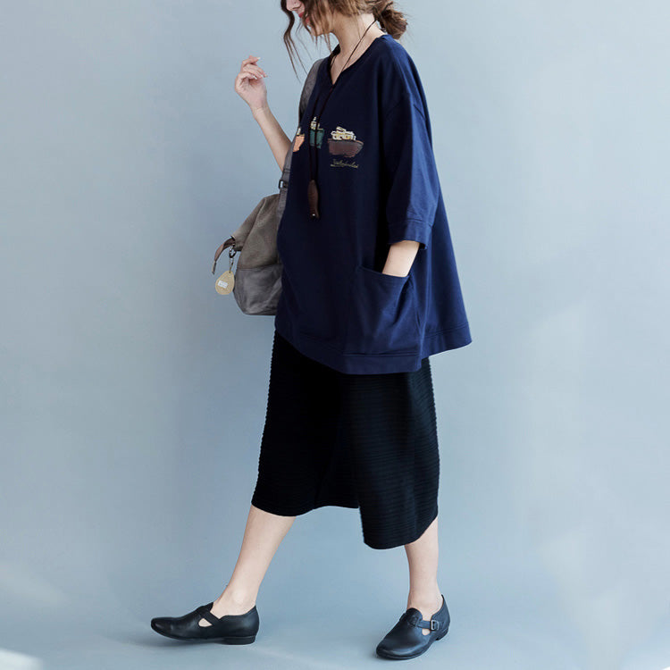 Schöne blaue Baumwollblusen für Frauen feine Stoffe Halbarmtaschen Art Shirts